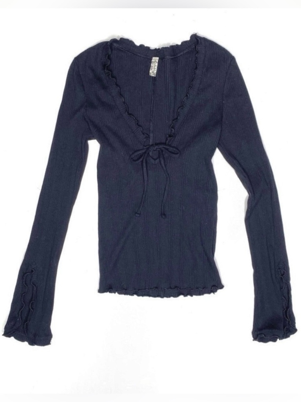 Intimately Free People Ribbed Tie Front Top Lettuce Edge Black XS